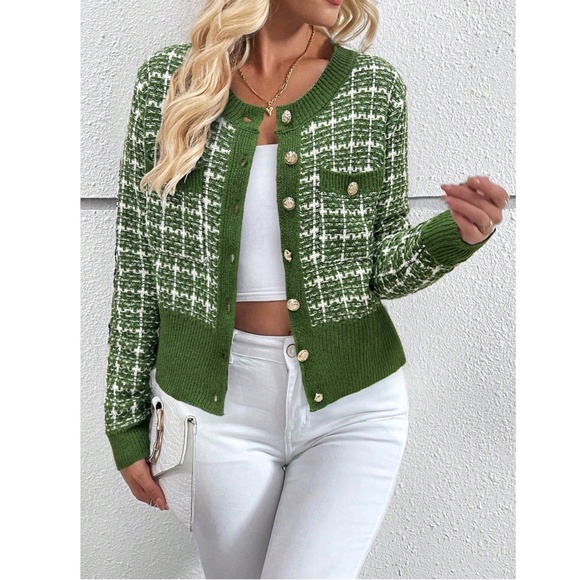 Green Plaid Button Up Cardigan Knit Long Sleeve  Stretchy Buttons - Picture 6 of 8